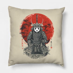 Panda Samurai King in Red Sun Ukiyo-e Style Pillow