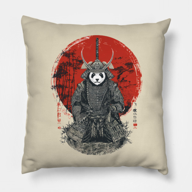 Panda Samurai King in Red Sun Ukiyo-e Style Pillow by TuncGK