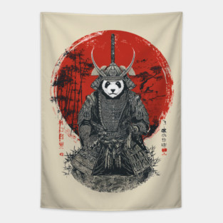 Panda Samurai King in Red Sun Ukiyo-e Style Tapestry