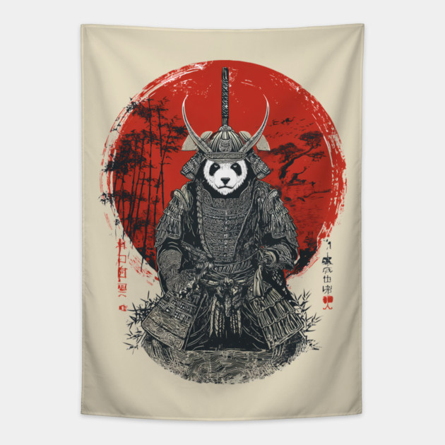Panda Samurai King in Red Sun Ukiyo-e Style Tapestry by TuncGK
