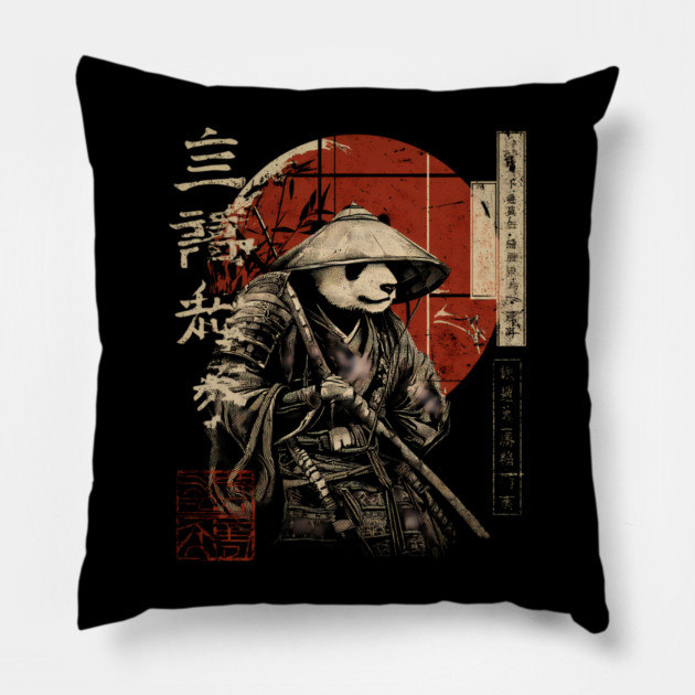 Panda Outlaw Warrior with Straw Hat – Sumi-e Style Pillow by TuncGK