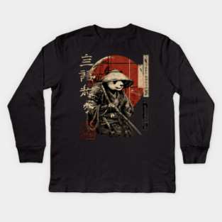 Panda Outlaw Warrior with Straw Hat – Sumi-e Style Kids Long Sleeve T-Shirt