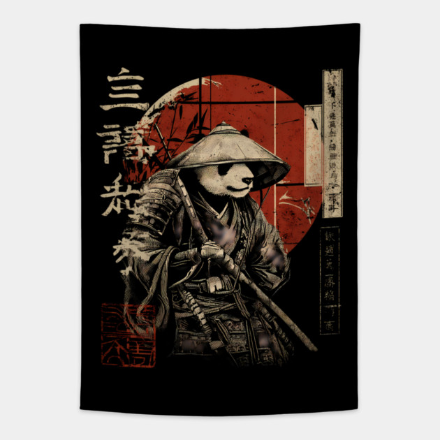 Panda Outlaw Warrior with Straw Hat – Sumi-e Style Tapestry by TuncGK