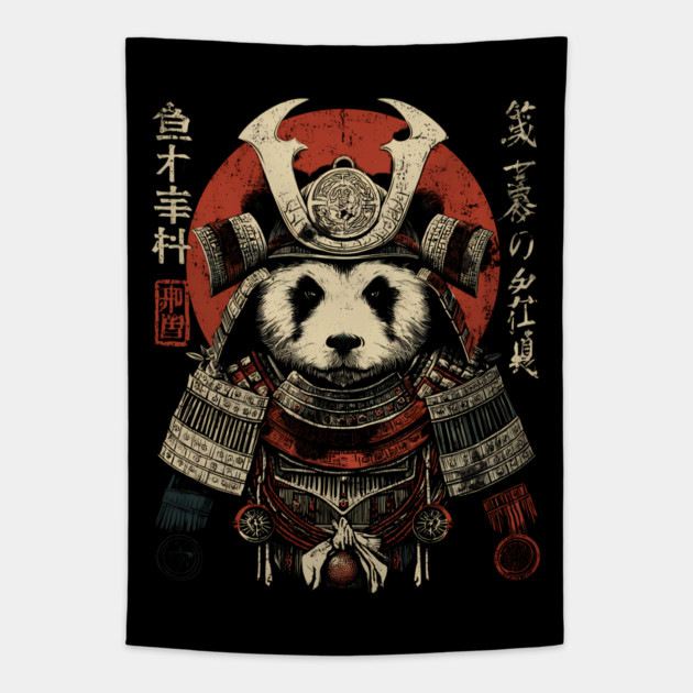 Panda Warrior in Sacred Armor – Japanese Ink Style Tapestry by TuncGK