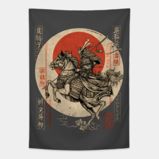 Warrior Riding Under Red Moon – Japanese Hero Scene Tapestry