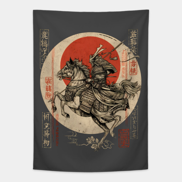 Warrior Riding Under Red Moon – Japanese Hero Scene Tapestry by TuncGK
