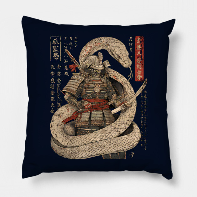 Serpent Samurai Coiled with Katana in Ink Style Pillow by TuncGK