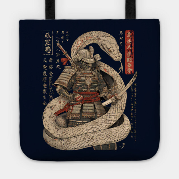 Serpent Samurai Coiled with Katana in Ink Style Tote by TuncGK