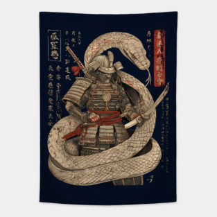 Serpent Samurai Coiled with Katana in Ink Style Tapestry