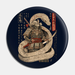 Serpent Samurai Coiled with Katana in Ink Style Pin