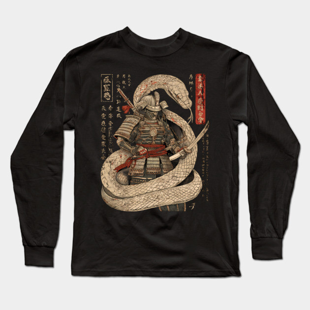 Serpent Samurai Coiled with Katana in Ink Style Long Sleeve T-Shirt by TuncGK