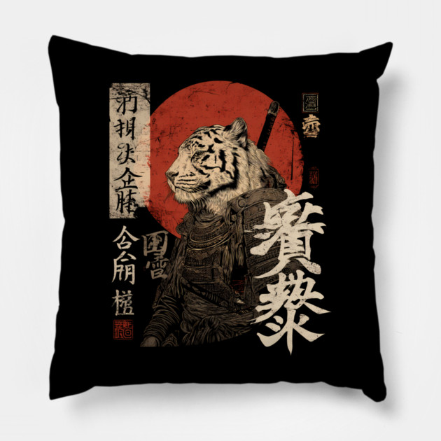 Tiger Samurai in Ink Armor – Vintage Japanese Power Pillow by TuncGK