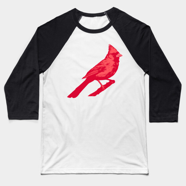 Bold Red Cardinal on Branch – Striking Bird Art Baseball T-Shirt by DonWillisJrArt