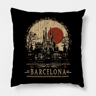 Barcelona Travel Poster – Sagrada Familia in Vintage Japanese Style Pillow
