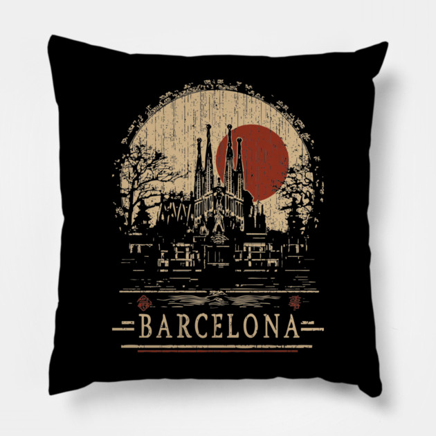 Barcelona Travel Poster – Sagrada Familia in Vintage Japanese Style Pillow by TuncGK