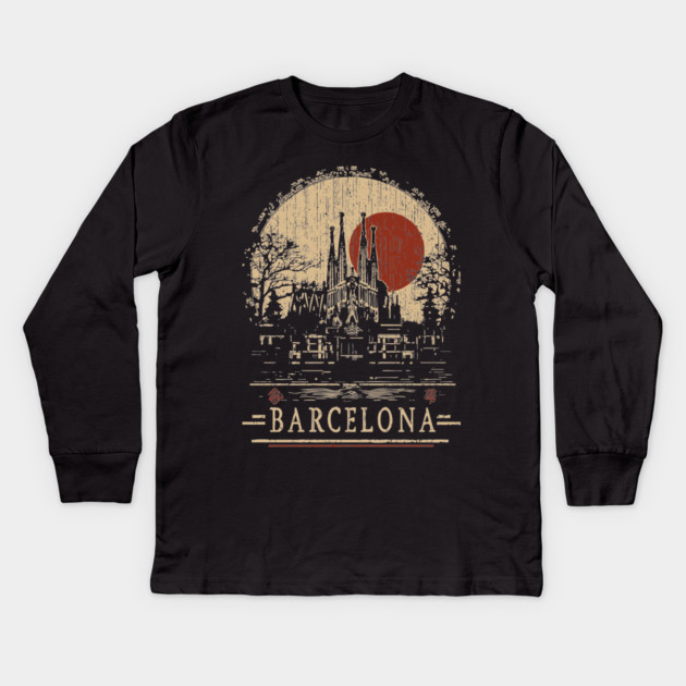 Barcelona Travel Poster – Sagrada Familia in Vintage Japanese Style Kids Long Sleeve T-Shirt by TuncGK