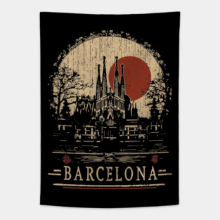Barcelona Travel Poster – Sagrada Familia in Vintage Japanese Style Tapestry