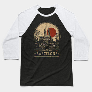 Barcelona Travel Poster – Sagrada Familia in Vintage Japanese Style Baseball T-Shirt