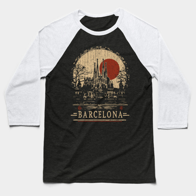 Barcelona Travel Poster – Sagrada Familia in Vintage Japanese Style Baseball T-Shirt by TuncGK