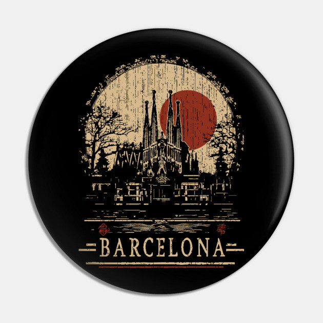 Barcelona Travel Poster – Sagrada Familia in Vintage Japanese Style Pin by TuncGK