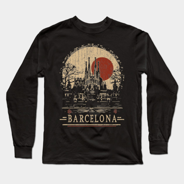 Barcelona Travel Poster – Sagrada Familia in Vintage Japanese Style Long Sleeve T-Shirt by TuncGK