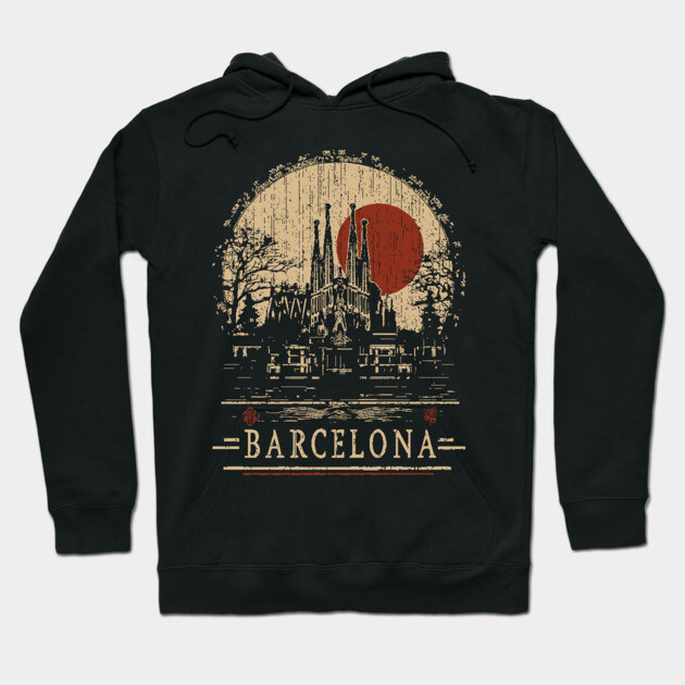 Barcelona Travel Poster – Sagrada Familia in Vintage Japanese Style Hoodie by TuncGK
