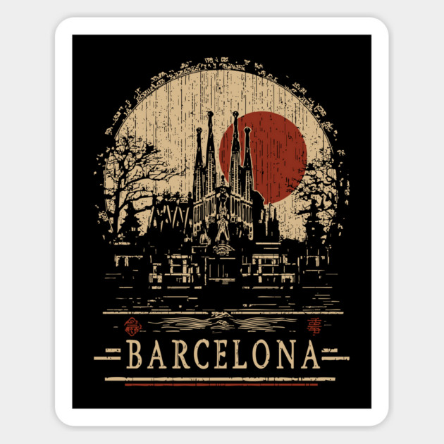 Barcelona Travel Poster – Sagrada Familia in Vintage Japanese Style Magnet by TuncGK