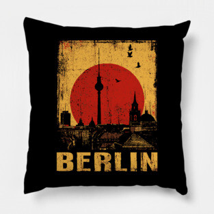Berlin Skyline Under Red Sun – Retro Travel Art Pillow