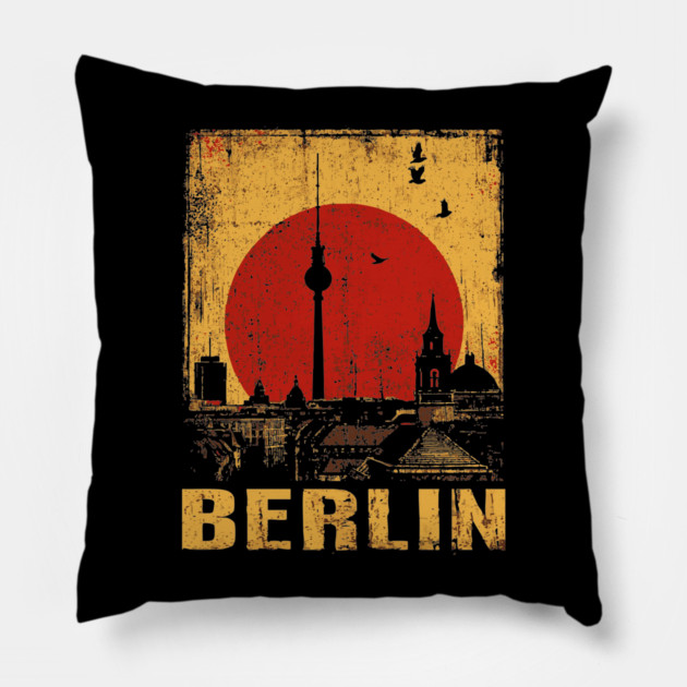 Berlin Skyline Under Red Sun – Retro Travel Art Pillow by TuncGK