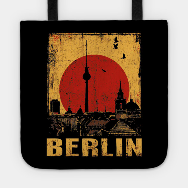 Berlin Skyline Under Red Sun – Retro Travel Art Tote by TuncGK