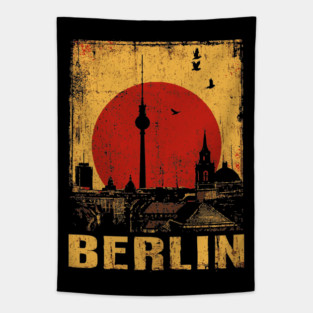Berlin Skyline Under Red Sun – Retro Travel Art Tapestry
