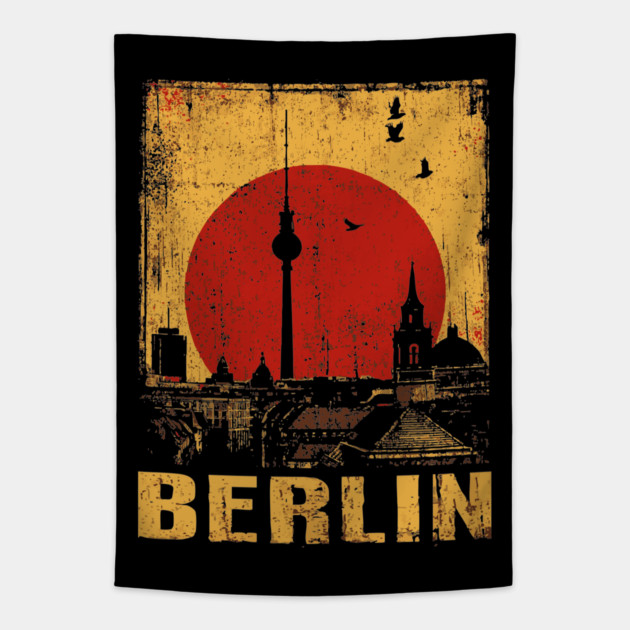 Berlin Skyline Under Red Sun – Retro Travel Art Tapestry by TuncGK