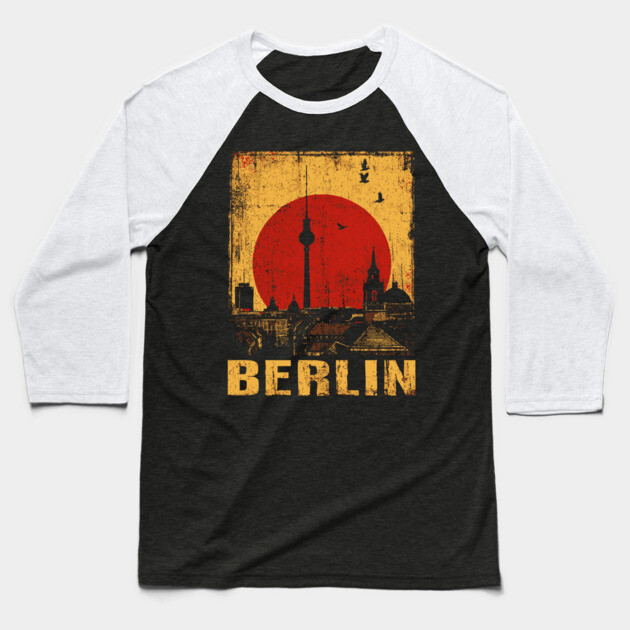 Berlin Skyline Under Red Sun – Retro Travel Art Baseball T-Shirt by TuncGK