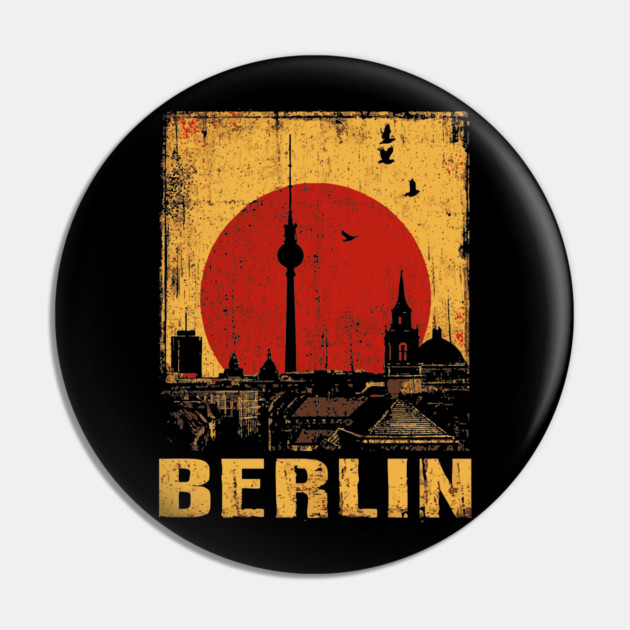 Berlin Skyline Under Red Sun – Retro Travel Art Pin by TuncGK