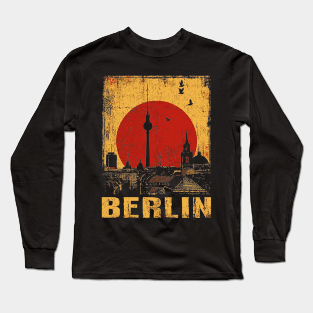 Berlin Skyline Under Red Sun – Retro Travel Art Long Sleeve T-Shirt by TuncGK