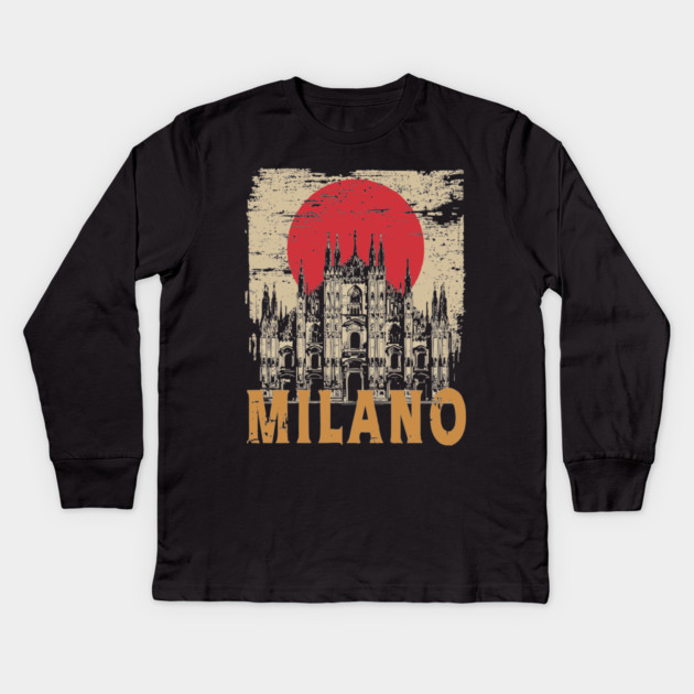 Milano Cathedral Poster – Italian Landmark in Retro Ink Style Kids Long Sleeve T-Shirt by TuncGK