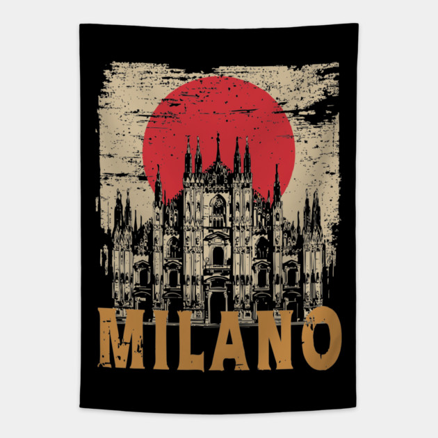 Milano Cathedral Poster – Italian Landmark in Retro Ink Style Tapestry by TuncGK