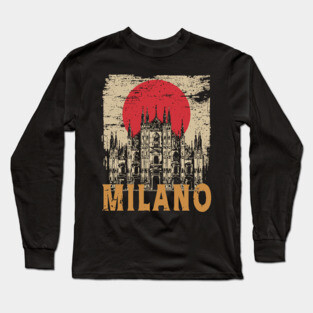 Milano Cathedral Poster – Italian Landmark in Retro Ink Style Long Sleeve T-Shirt