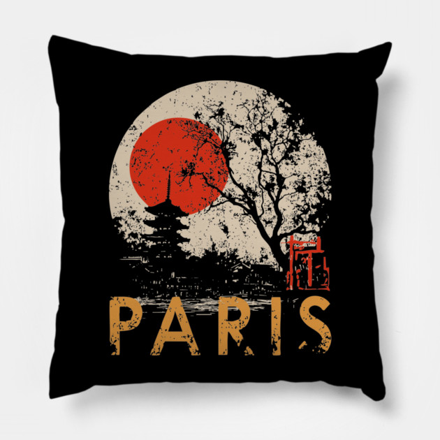 Paris City Poster – Pagoda Garden and Eiffel Tower Fusion Pillow by TuncGK