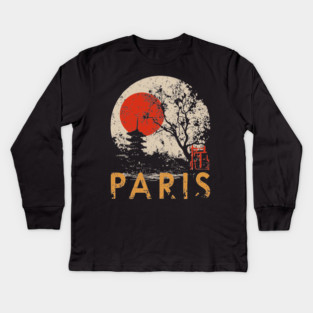 Paris City Poster – Pagoda Garden and Eiffel Tower Fusion Kids Long Sleeve T-Shirt