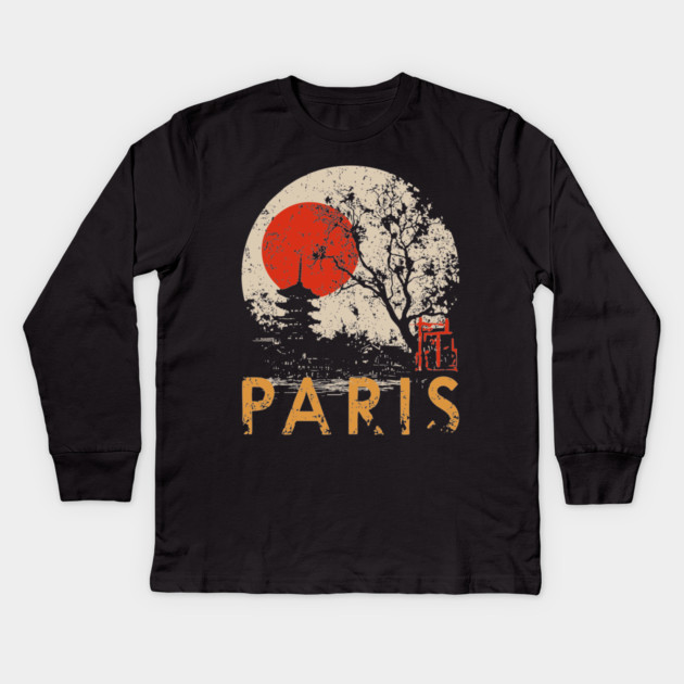 Paris City Poster – Pagoda Garden and Eiffel Tower Fusion Kids Long Sleeve T-Shirt by TuncGK