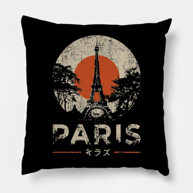 Paris Eiffel Tower Poster – Vintage Red Sun Travel Style Pillow by TuncGK