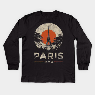 Paris Eiffel Tower Poster – Vintage Red Sun Travel Style Kids Long Sleeve T-Shirt
