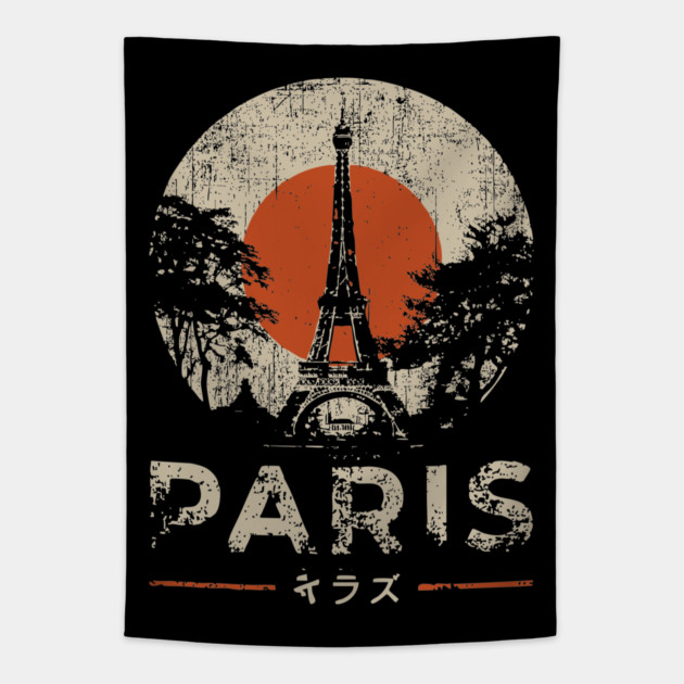 Paris Eiffel Tower Poster – Vintage Red Sun Travel Style Tapestry by TuncGK