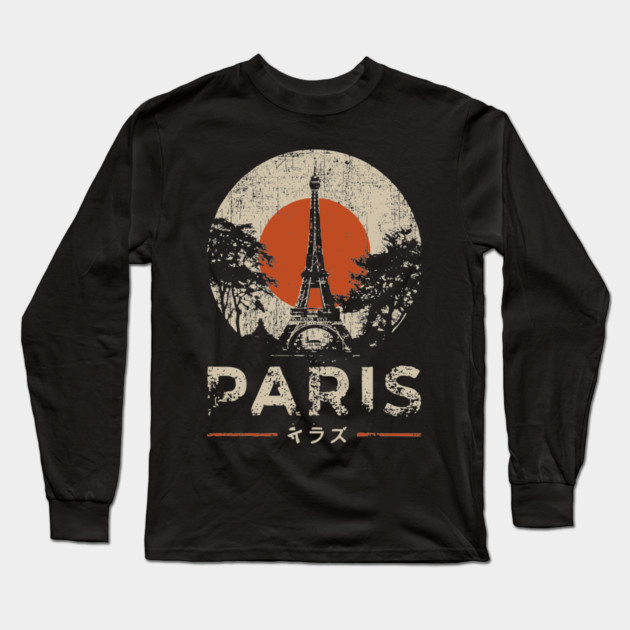 Paris Eiffel Tower Poster – Vintage Red Sun Travel Style Long Sleeve T-Shirt by TuncGK