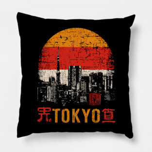 Tokyo Skyline Poster – Retro Cityscape in Japanese Woodblock Style Pillow
