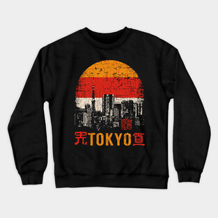Tokyo Skyline Poster – Retro Cityscape in Japanese Woodblock Style Crewneck Sweatshirt