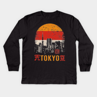 Tokyo Skyline Poster – Retro Cityscape in Japanese Woodblock Style Kids Long Sleeve T-Shirt