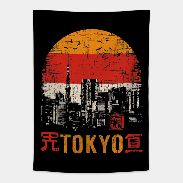 Tokyo Skyline Poster – Retro Cityscape in Japanese Woodblock Style Tapestry by TuncGK
