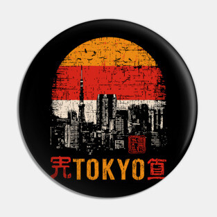 Tokyo Skyline Poster – Retro Cityscape in Japanese Woodblock Style Pin